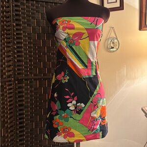 Vintage Cotton Colorful Strapless Floral Dress